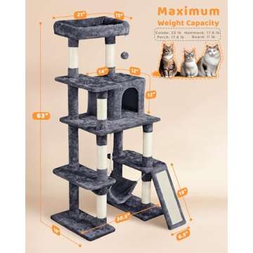 Yaheetech Large Multi-Level Cat Tree, 63 Inches Tall with Sisal-Covered Scratching Posts, Condo, Hammock, Dangling Ball, and Extended Platform for Cats to Play and Sleep