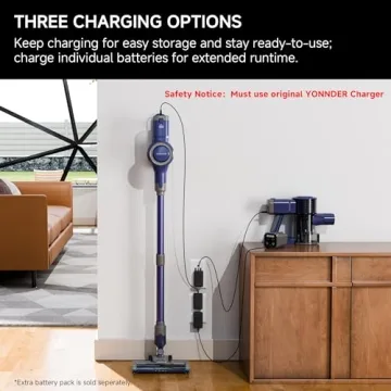 YONNDER E1 Cordless Vacuum Cleaner, 30Kpa Powerful Suction, Rechargeable Battery, Lightweight, LED Headlight, 35-min Runtime, for Carpet, Hard Floor, Anti-Tangle Brush for Pet Hair