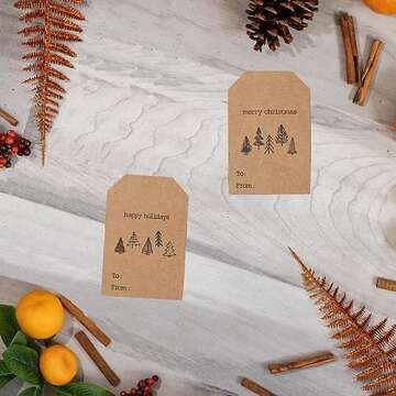 Boho Style Christmas Tree Gift Tag Stickers – 2 x 3 Inch Holiday Labels with Unique Tree Designs – 100 Adhesive Kraft Tags, Eco-Friendly, Made in USA