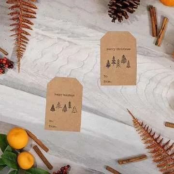 Boho Style Christmas Tree Gift Tag Stickers – 2 x 3 Inch Holiday Labels with Unique Tree Designs – 100 Adhesive Kraft Tags, Eco-Friendly, Made in USA