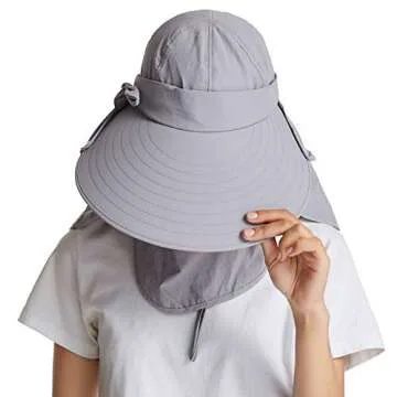icolor Women Sun Cap Finshing Hats UPF+50 Detachable Face Mask Neck Flap Visor Wide Brim Sun Protection Hiking Hats Light Gray