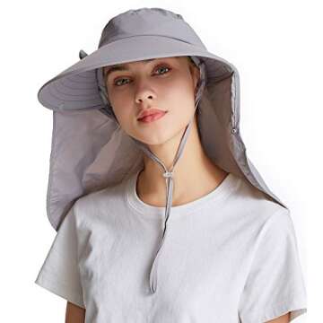 icolor Women Sun Cap Finshing Hats UPF+50 Detachable Face Mask Neck Flap Visor Wide Brim Sun Protection Hiking Hats Light Gray