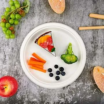 Vplus 150 Pack Compostable Disposable Paper Plates 10.25 inch Super Strong Paper Plates 100% Bagasse Natural Biodegradable Eco-Friendly Sugarcane Plates(white)