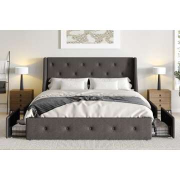 SHA CERLIN Queen Platform Upholstered Bed Frame with 4 Storage Drawers and Wingback Headboard, Diamond Stitched Button Tufted Design, No Box Spring Needed, Dark Grey