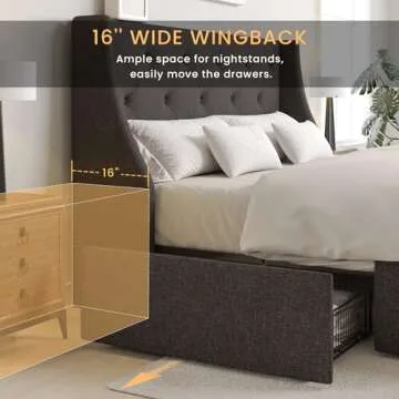 SHA CERLIN Queen Platform Upholstered Bed Frame with 4 Storage Drawers and Wingback Headboard, Diamond Stitched Button Tufted Design, No Box Spring Needed, Dark Grey