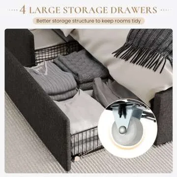 SHA CERLIN Queen Platform Upholstered Bed Frame with 4 Storage Drawers and Wingback Headboard, Diamond Stitched Button Tufted Design, No Box Spring Needed, Dark Grey