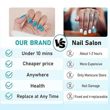 Short Press on Nails Square Blue, Glossy Acrylic Fake Nails Natural，24pcs False Nails with Designs, Glue on Nails for Women Art Kit