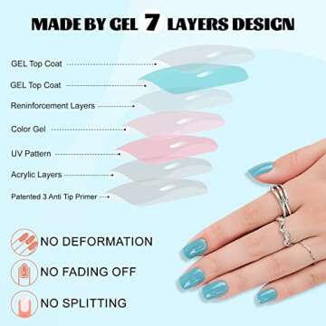 Short Press on Nails Square Blue, Glossy Acrylic Fake Nails Natural，24pcs False Nails with Designs, Glue on Nails for Women Art Kit