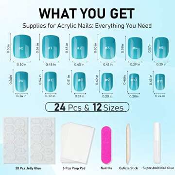 Short Press on Nails Square Blue, Glossy Acrylic Fake Nails Natural，24pcs False Nails with Designs, Glue on Nails for Women Art Kit