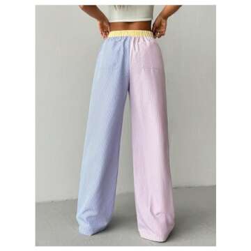 GORGLITTER Women's Wide Leg Striped High Elastic Waisted Boxer Pants Y2k Checkered Causal Lounge Trousers Pink and Blue Small