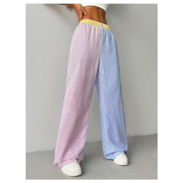 GORGLITTER Women's Wide Leg Striped High Elastic Waisted Boxer Pants Y2k Checkered Causal Lounge Trousers Pink and Blue Small