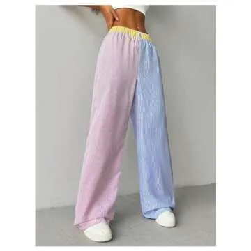 GORGLITTER Women's Wide Leg Striped High Elastic Waisted Boxer Pants Y2k Checkered Causal Lounge Trousers Pink and Blue Small