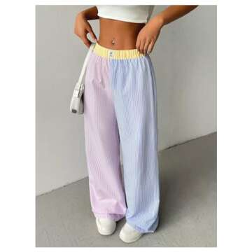 GORGLITTER Women's Wide Leg Striped High Elastic Waisted Boxer Pants Y2k Checkered Causal Lounge Trousers Pink and Blue Small