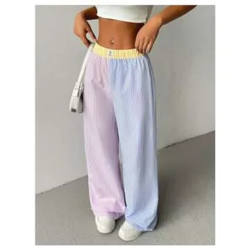 GORGLITTER Women's Wide Leg Striped High Elastic Waisted Boxer Pants Y2k Checkered Causal Lounge Trousers Pink and Blue Small