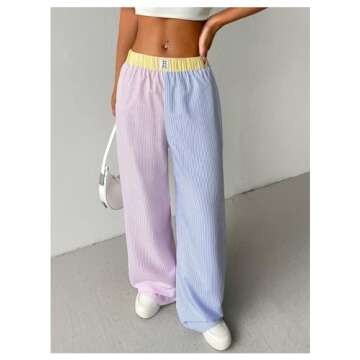 GORGLITTER Women's Wide Leg Striped High Elastic Waisted Boxer Pants Y2k Checkered Causal Lounge Trousers Pink and Blue Small