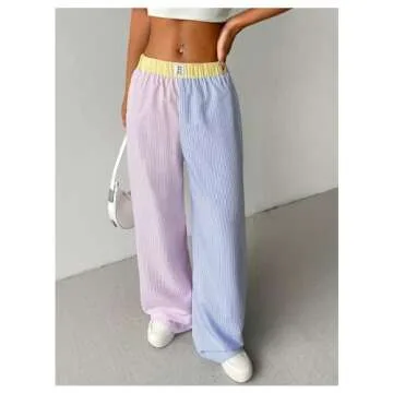GORGLITTER Women's Wide Leg Striped High Elastic Waisted Boxer Pants Y2k Checkered Causal Lounge Trousers Pink and Blue Small