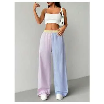 GORGLITTER Women's Wide Leg Striped High Elastic Waisted Boxer Pants Y2k Checkered Causal Lounge Trousers Pink and Blue Small