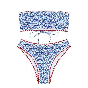 ZAFUL Women Strapless Textured Bandeau Bikini 2 Piece Swimwear Cheeky Solid Lace up Bathing Suits(10...