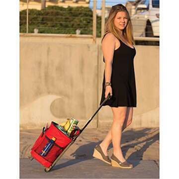 dbest products Ultra Compact Cooler Smart Cart, Red Insulated Collapsible Rolling Tailgate BBQ Beach Summer