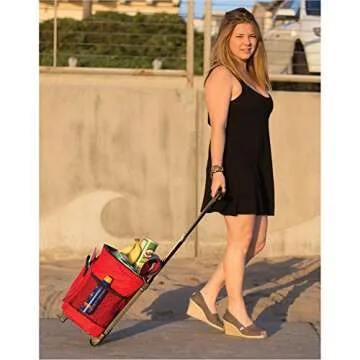 dbest products Ultra Compact Cooler Smart Cart, Red Insulated Collapsible Rolling Tailgate BBQ Beach Summer