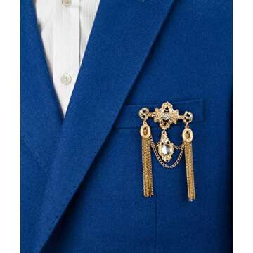 Knighthood Brooch Pin Royal Gold Engraved Shimmery Stone And Chain Brooch Suit Stud Lapel Pin Accessories for Men Women