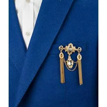 Knighthood Brooch Pin Royal Gold Engraved Shimmery Stone And Chain Brooch Suit Stud Lapel Pin Accessories for Men Women