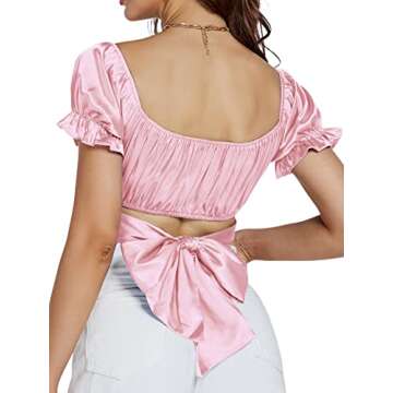 LYANER Women's Satin Ruffle Short Sleeve Tie Up Back Crop Top Off Shoulder Blouse Pink Large