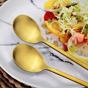 Korean Spoons - 8 Piece Stainless Steel Set, 8.5 Inch, Gold with Long Handles, Asian Cooking Spoons for Home, Kitchen or Restaurant