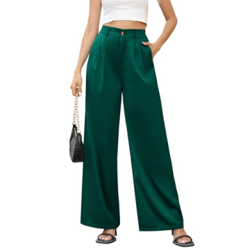 Kocowoo Women Casual High Waist Satin Dress Pants - Elegant Button Wide Leg Trousers