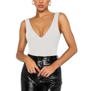 REORIA Women's Summer Sexy Plunge Deep V Neck Sleeveless Double Lined One Piece Tank Tops Thong Bodysuits Leotards for Going Out White Medium