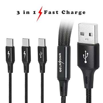 GELRHONR Multi-USB C Cable 3A, 3 Type-C Male Plugs, 3-in-1 Nylon Braided Charging Cable, Compatible with Tablets, Mobile Phones/Android, etc. 4FT-1.25M (4FT-1.25M)
