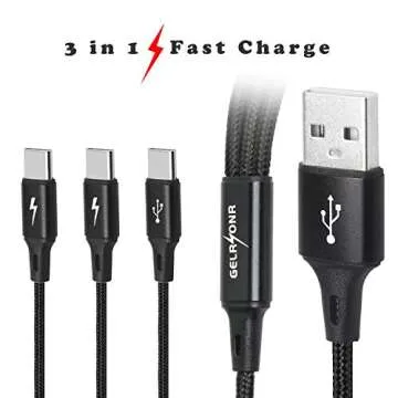 GELRHONR Multi-USB C Cable 3A, 3 Type-C Male Plugs, 3-in-1 Nylon Braided Charging Cable, Compatible with Tablets, Mobile Phones/Android, etc. 4FT-1.25M (4FT-1.25M)