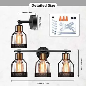 3-Light Farmhouse Bathroom Vanity Light Fixtures, Industrial Black&Gold Cage Vanity Wall Light Fixture, Rustic Vanity Lights for Bathroom Mirror Cabinets Dressing, E26 Socket