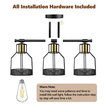 3-Light Farmhouse Bathroom Vanity Light Fixtures, Industrial Black&Gold Cage Vanity Wall Light Fixture, Rustic Vanity Lights for Bathroom Mirror Cabinets Dressing, E26 Socket