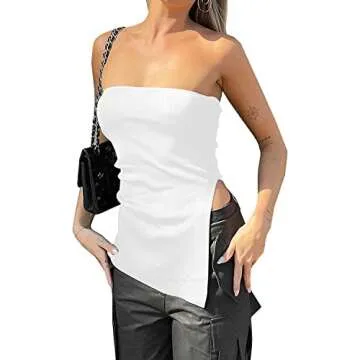 PICPUNMAK Women Strapless Sleeveless Tube Top Irregular Side Slit Bandeau Tops Sexy Solid Slim Off S...