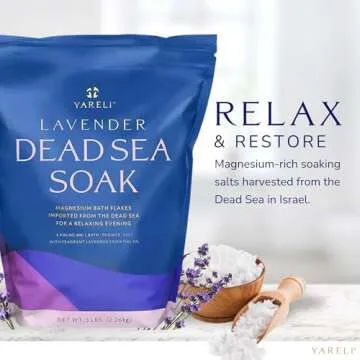 Yareli Dead Sea Bath & Foot Soak, Lavender Magnesium Bath Salt Flakes, Alternative to Epsom Salt, 5lbs with Over 250,000mg of Elemental Magnesium Per Bag