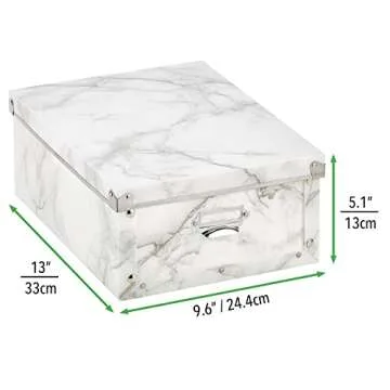 mDesign Decorative Modern Plastic Collapsible Storage Organizer Box with Lid and Metal Plate, For Home, Office, and Bedroom Storage - 2 Pack - Marble
