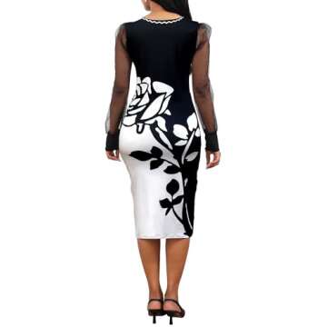 VisiChenup Elegant Dress for Women for Women Crew Neck See Through Mesh Long Sleeve Mini Dresses Party Clubwear with Zipper Black Rose