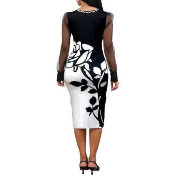 VisiChenup Elegant Dress for Women for Women Crew Neck See Through Mesh Long Sleeve Mini Dresses Party Clubwear with Zipper Black Rose