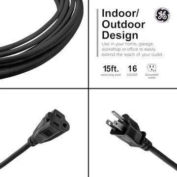 GE Outdoor Extension Cord, 15 Ft, Grounded Heavy Duty Extension Cord, 16AWG 3 Prong Extension Cord O...