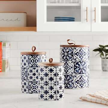 American Atelier Medallions Canister Set: 3-Piece Ceramic Jars for Kitchen Storage in Chic Blue Desi...