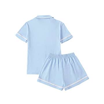 LYANER Women's Cotton Pajamas Set Button Short Sleeve Shirt with Shorts Set PJs Loungewear Blue X-Sm...