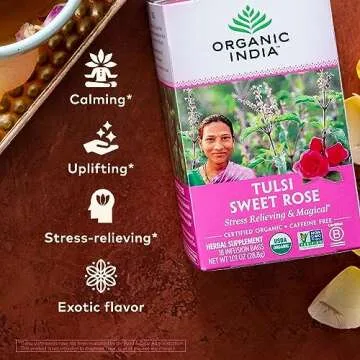 ORGANIC INDIA Tulsi Sweet Rose Herbal Tea - Holy Basil Leaf, African Basil, Chamomilie, Lemon Myrtle, Stress Relieving, Immune Support, USDA Certified Organic, Caffeine-Free - 18 Infusion Bags, 1 Pack