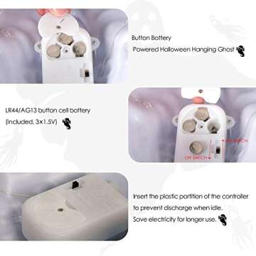 Halloween Hanging Ghost Decorations White Hanging Ghost Prop Scary Skeleton Flying Ghost with Skeleton LED Glowing Eyes and Creepy Sound Halloween Party Decor for Haunted House Yard Outdoor Indoor