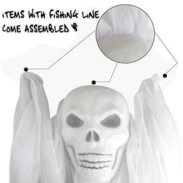 Halloween Hanging Ghost Decorations White Hanging Ghost Prop Scary Skeleton Flying Ghost with Skeleton LED Glowing Eyes and Creepy Sound Halloween Party Decor for Haunted House Yard Outdoor Indoor
