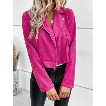 MakeMeChic Women's Faux Suede Moto Jacket in Hot Pink