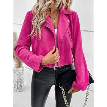 MakeMeChic Women's Faux Suede Moto Jacket in Hot Pink