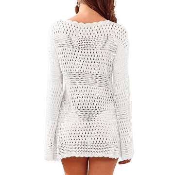 Cysincos Womens Swimsuits Crochet Cover Up Summer Long Sleeve Hollow Out Net Knit Pullover Dress Bathing Suit Beach Coverups White M