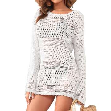 Cysincos Womens Swimsuits Crochet Cover Up Summer Long Sleeve Hollow Out Net Knit Pullover Dress Bathing Suit Beach Coverups White M