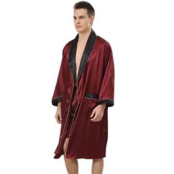 Haseil Men's Luxurious Kimono Robe with Pajama Shorts Set Long Sleeve Silk Bathrobe Soft Satin Robe Lightweight House Sleepwear, Winered, TagsizeS=USsizeS